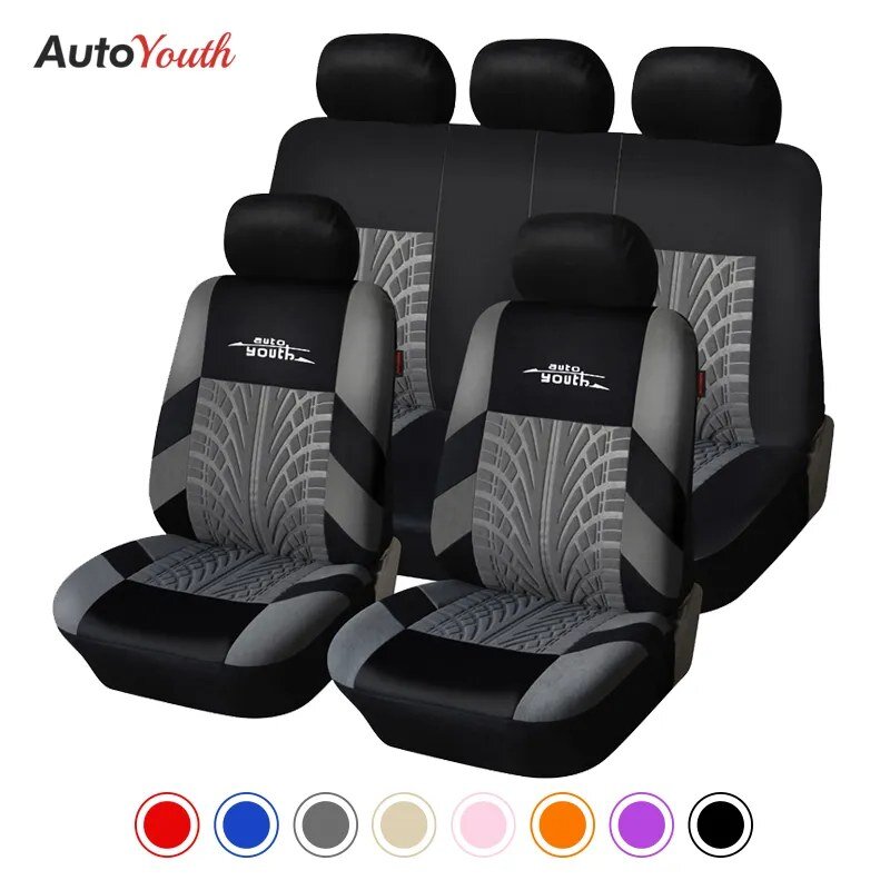Autoyouth-Bordado Car Seat Covers Set, Universal Fit A Maioria dos Carros Cobre com Pneu Faixa, Detalhe Styling, Protetor, Marca
