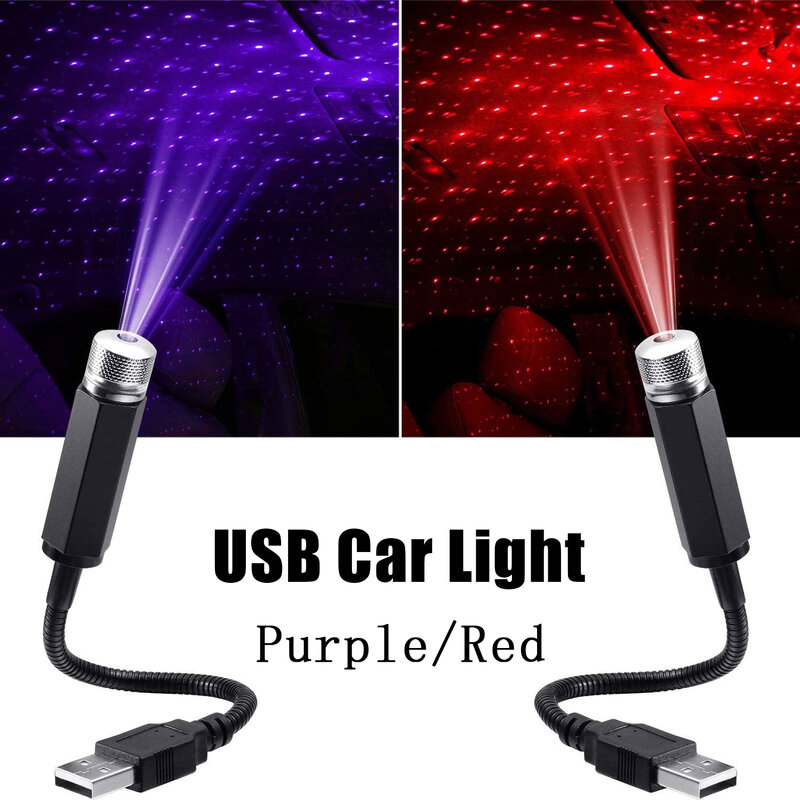 Proyector de luz de coche USB, luz de inundación romántica, luz nocturna LED ajustable, luz de ambiente de galaxia, luz de decoración Interior de coche