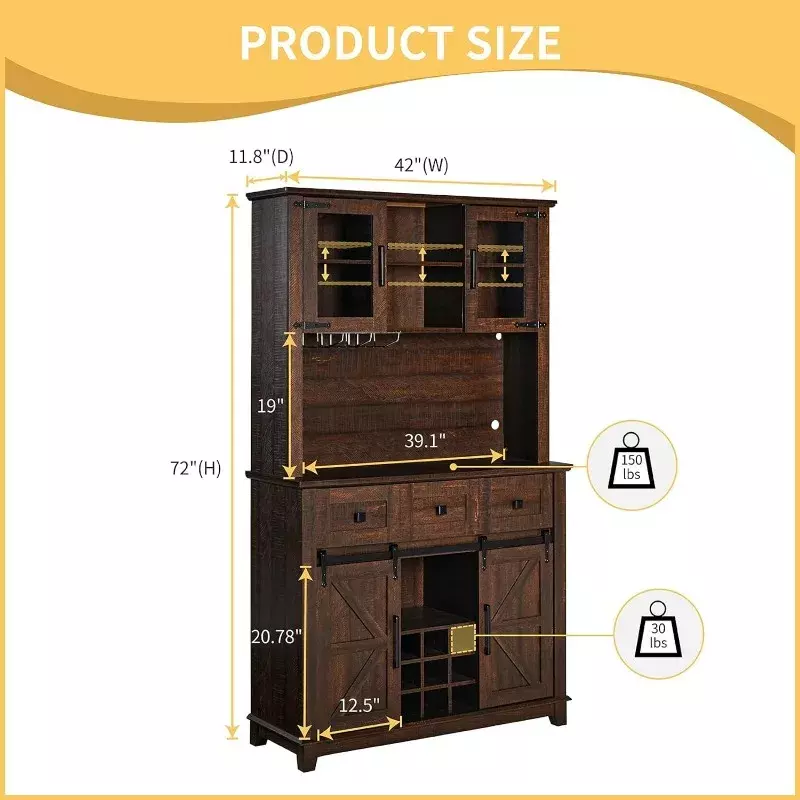 72" Coffee Bar Wine Cabinet with Sliding Barn Door & LED Lights, Sideboard Buffet Cabinet with Wine Bottle Rack, 3 Drawers