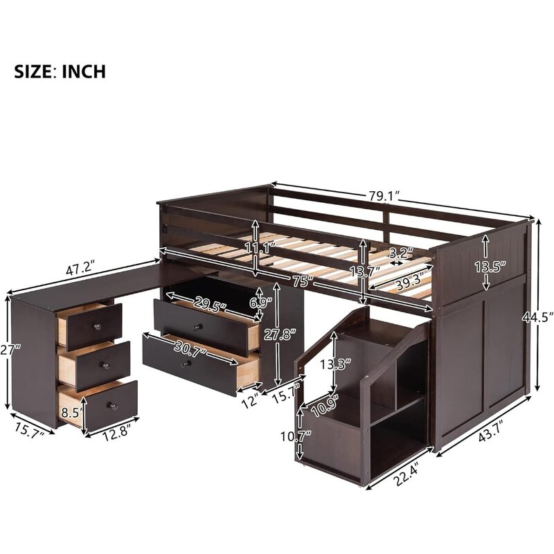Struttura del letto per bambini, scrivania e cassetti portaoggetti doppio soppalco basso, struttura del letto per bambini
