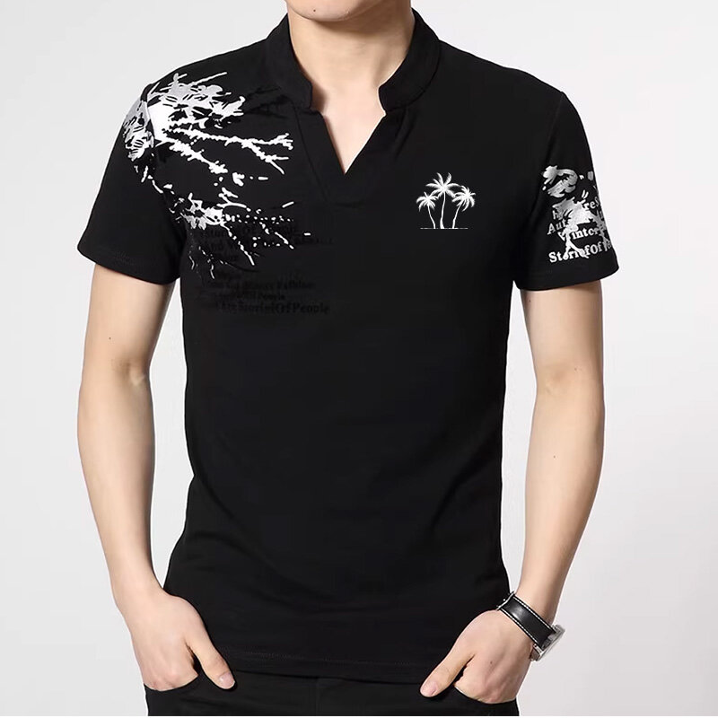 Maglietta Polo con colletto alla coreana con stampa Logo albero in bianco e nero a manica corta da uomo
