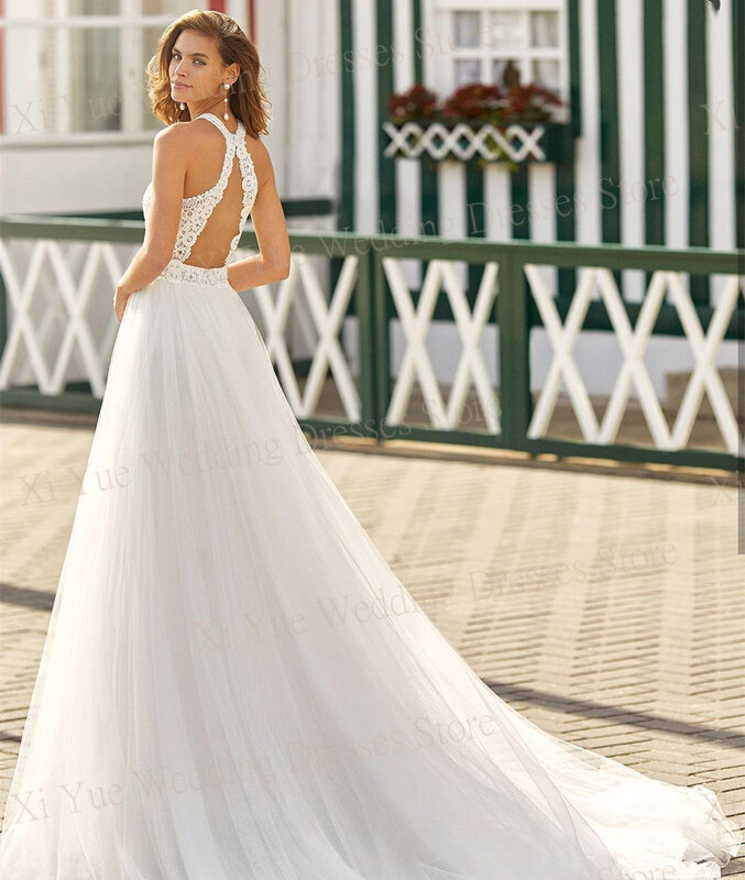 Charming Sexy 2024 O-Neck Wedding Dresses A-Line Lace Appliques Open Back Cross Bride Gowns Sleeveless Brush Train Formal Party