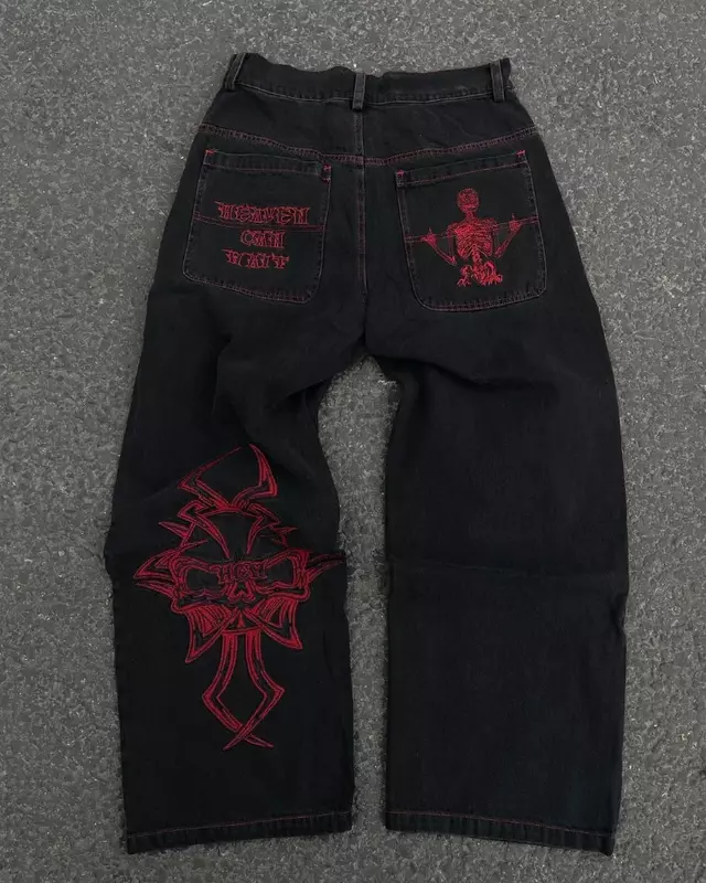 Y2K Jeans ricamati con motivo a teschio coppia di fascia alta allentati in stile americano sciolto Street Diablo vecchi pantaloni a gamba dritta lavati