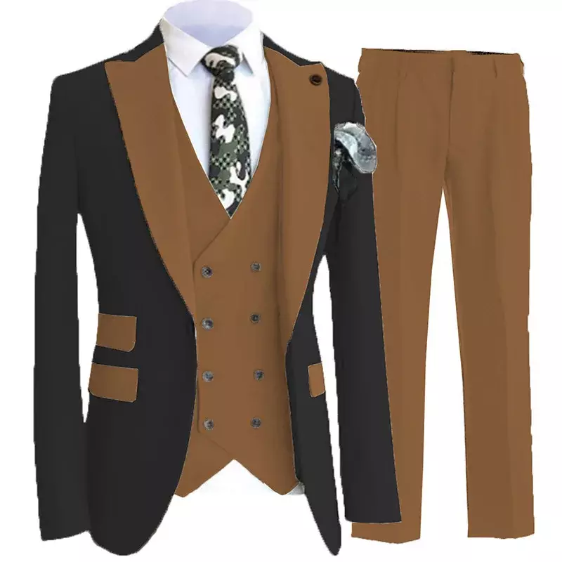 Garnitur męski brązowy 3-częściowy dopasowany czarny płaszcz z klapami odpowiedni na wesele bankiet pan młody marynarka ślubna kamizelka ze spodniami