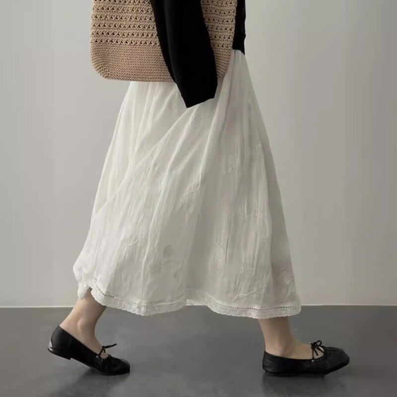 Vestido bordado de algodón y lino para mujer, falda de medio cuerpo