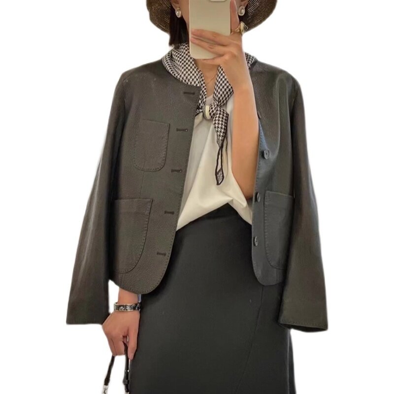 Jaqueta de pele de carneiro Haining feminina, casaco curto, outono, novo coreano, gola redonda, slim fit, locomotiva, 2023
