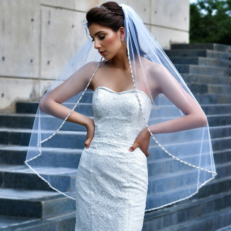 حجاب زفاف قصير مطرز بالخرز ، حجاب زفاف بسيط ، حفلة BL4026 ، 1 متر