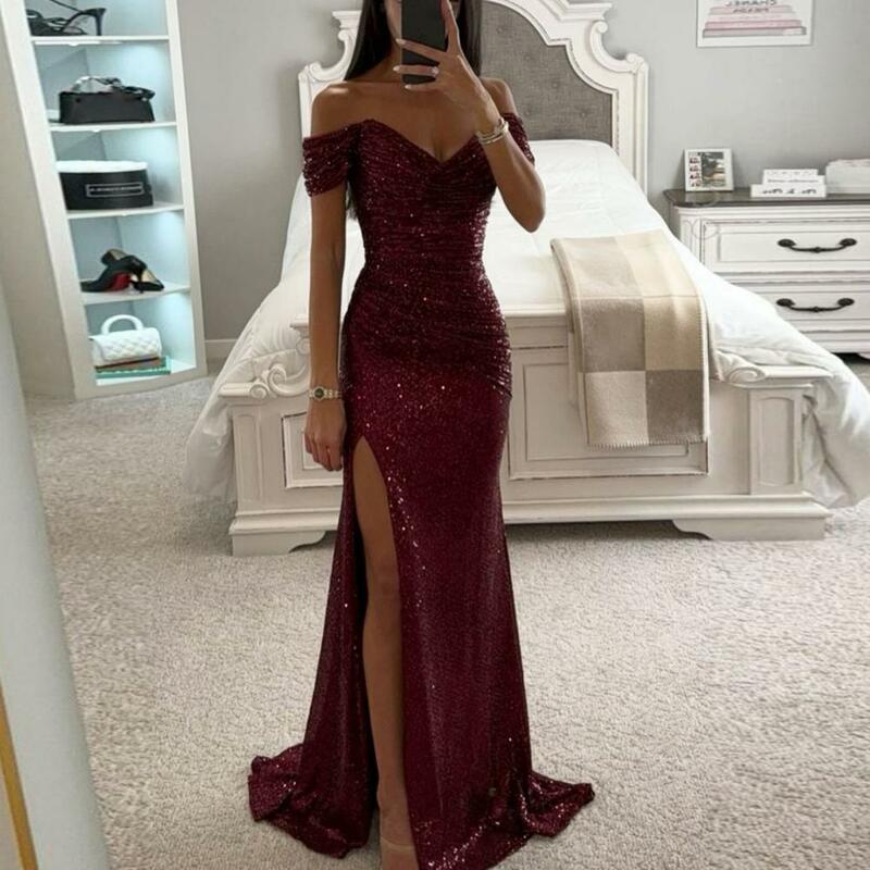 Jednokolorowa sukienka z długim rękawem wieczorowa sukienka na imprezę bal elegancka z cekinami pod dekoltem w szpic bez ramion sukienka Maxi na wieczorowe na imprezę bal