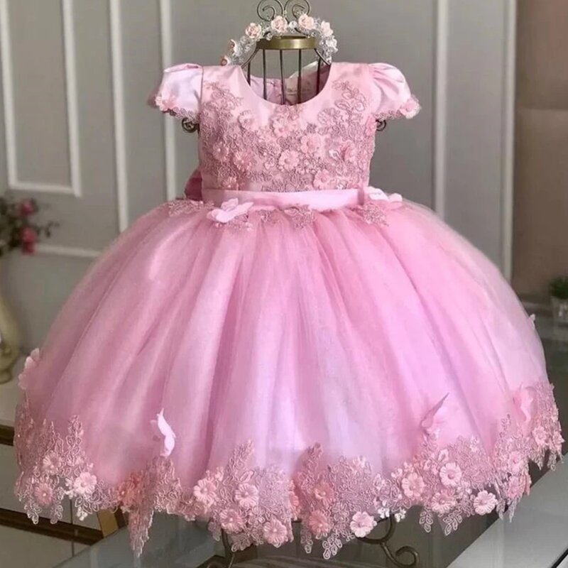 Luxury Princess Applique Flower Girl Dresses For Wedding Tulle Pearls Ball Kids Pageant Gown Birthday Party First Communion Wear