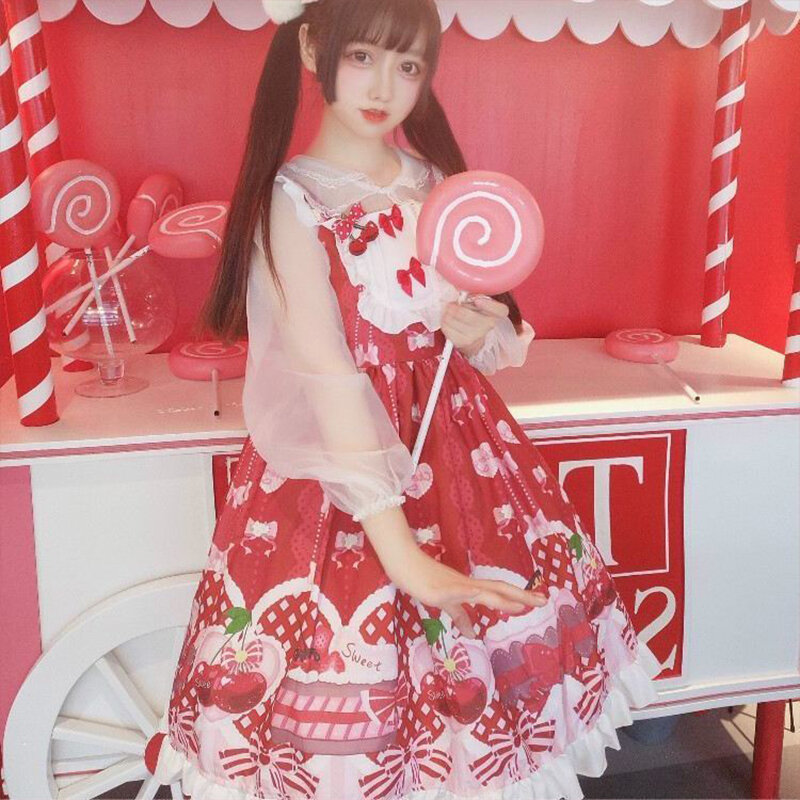 LIXM Kawaii Design Lolita Sweet Ladies Party Afternoon Tea Cute Sling Jsk Sleeveless Bowknot Suspender Dresses Cosplay