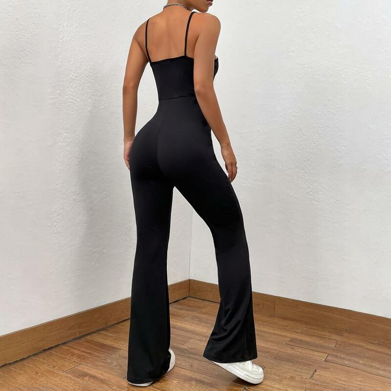 Jumpsuit kurus wanita, Jumpsuit musim panas elegan dengan desain Backless Slim Fit pinggang mengembang Hem cantik leher persegi tanpa lengan untuk A