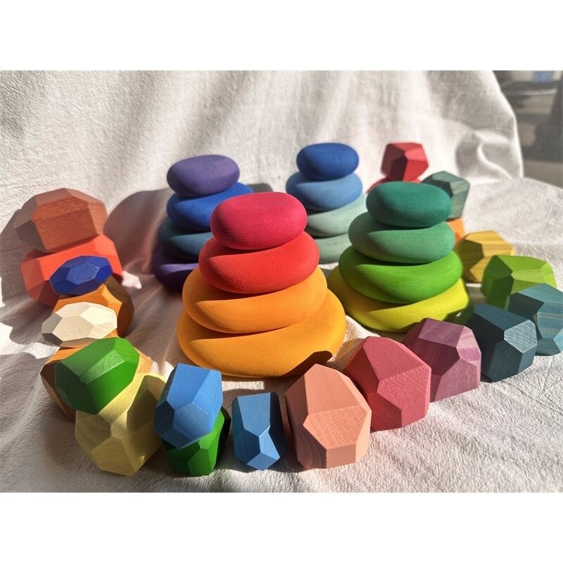 Zabawki drewniane sosna Rainbow układanie równowagi kamienie klocki bukowe pastelowe klejnoty dla dzieci gra edukacyjna
