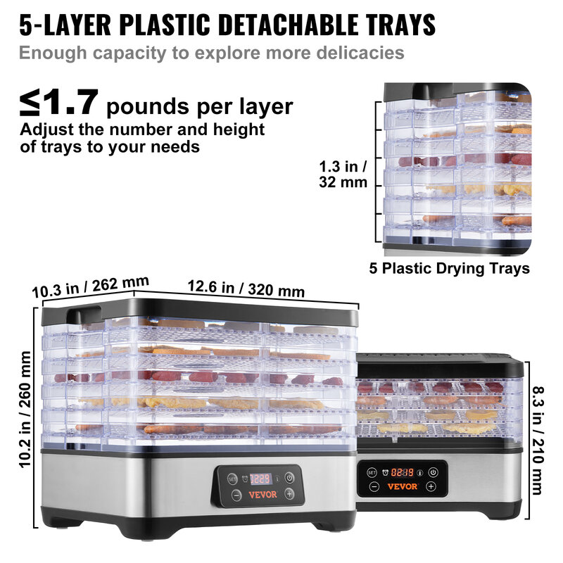 VEVOR 5 Tray Food Dehydrator Machine 300W Stainless Steel Electric Food Dryer w/ Digital Adjustable Timer & Temperature