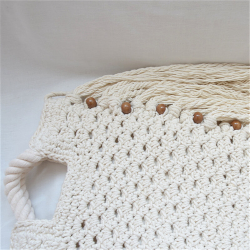 New Thick Cotton Thread Tassel Straw Bag Hollow Shoulder Woven Bag Casual Handbag Beach Bag