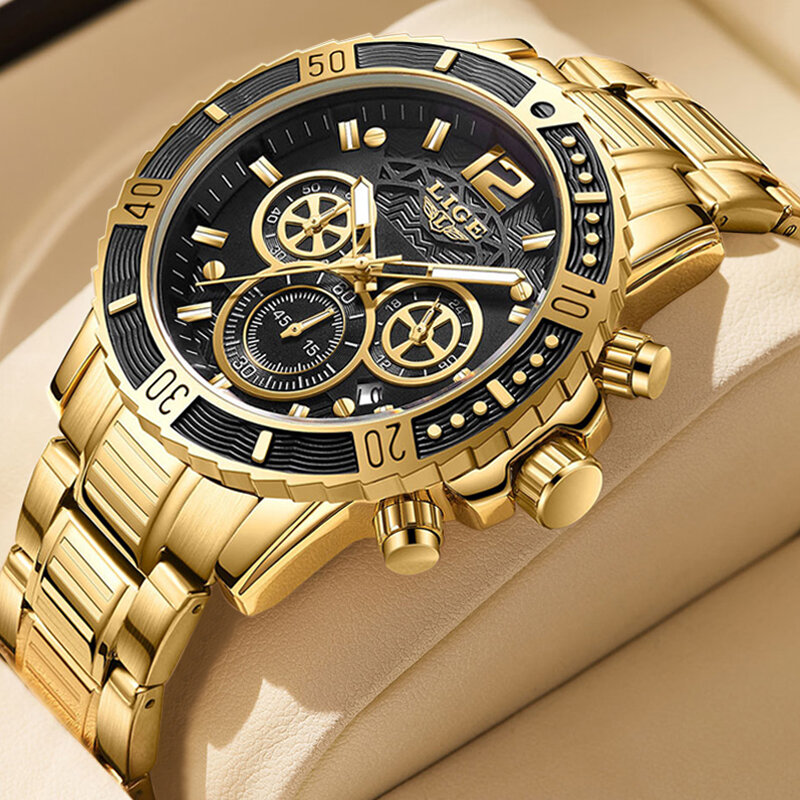 LIGE 남성용 방수 스포츠 손목 시계, 크로노그래프, 쿼츠 밀리터리 시계, 정품 풀 스틸, 최고 럭셔리 브랜드