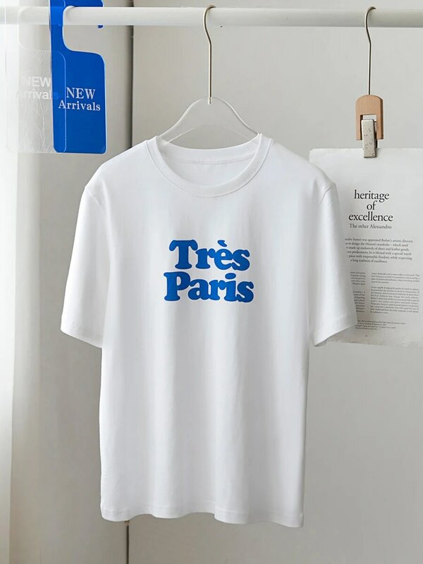 Camiseta feminina de algodão orgânico com gola redonda, camiseta feminina casual feminina, tops de manga curta com compartimento parisiense, verão, vintage, 2022