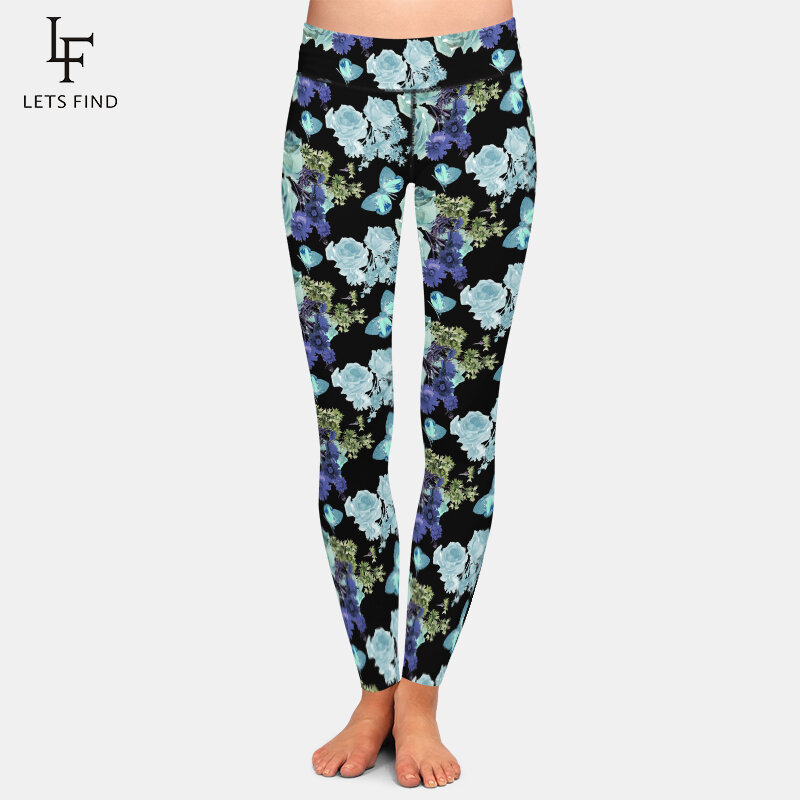 LETSFIND Leggings Women High Waist Flowers and Butterfly Print Pants New Black Slim Fitness Leggings