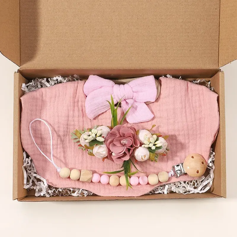 Bando Bib motif bunga, ikat rambut nilon elastis untuk bayi, klip klip dot manik-manik silikon kelas makanan, kotak hadiah untuk bayi, 4 buah/set