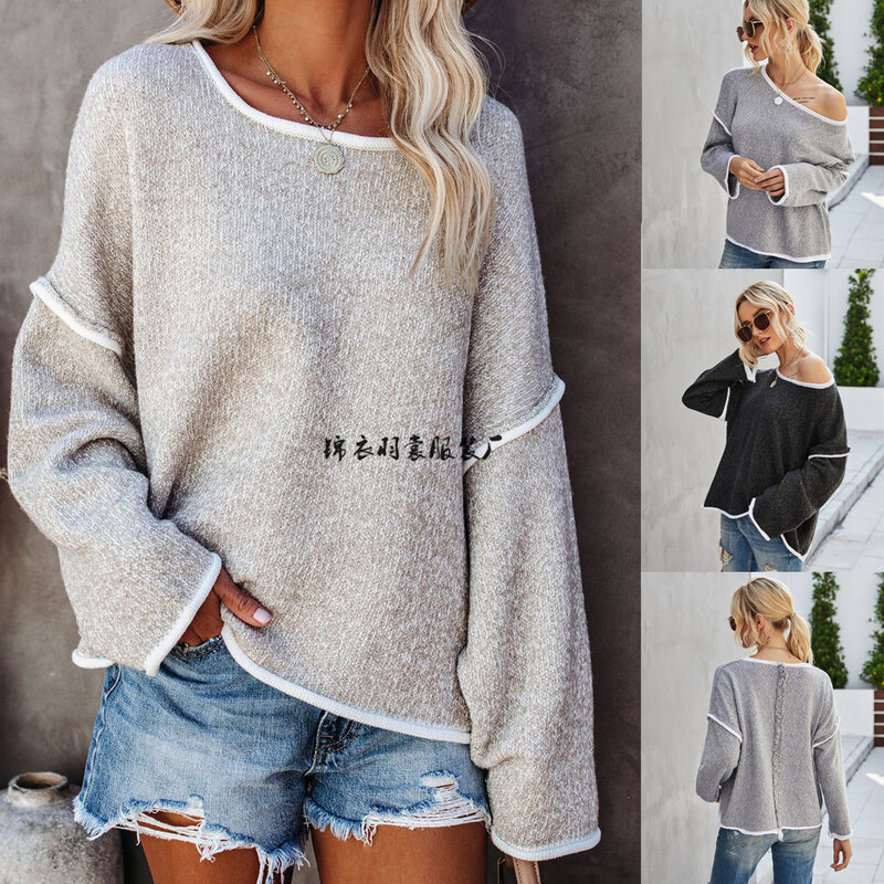 Vintage Oversized Sweater Women Patchwork Loose One Shoulder Jumper Knitwear Fashion Casual Pullover Winter Tops New