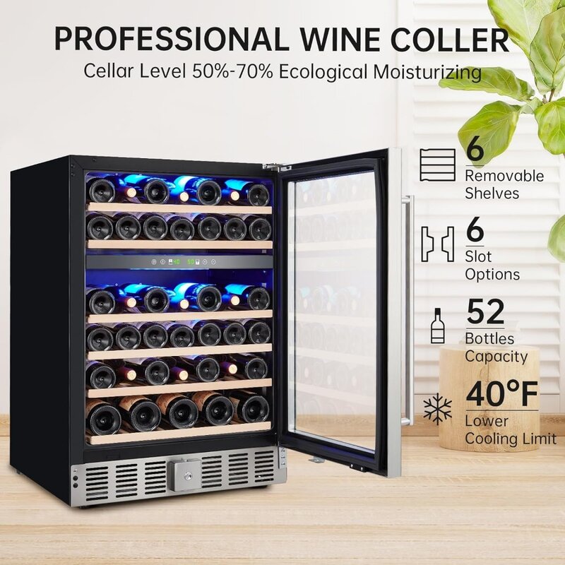 52 Bottles Wine Cooler Under Counter, 24 Inch , 40～64°F Independent Temperature Control, Safety Lock, All Wood Removable Shelves