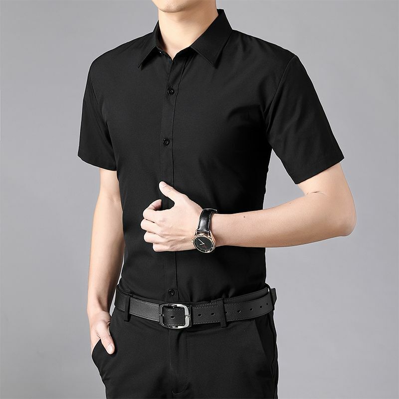 Camisa simples fina estilo inglês masculina, alta final, manga curta, botão de lapela, top sólido slim versátil, moda casual inteligente, verão