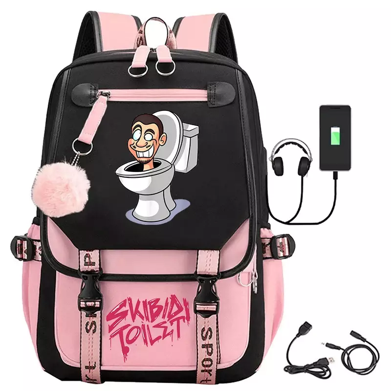 Skibidi กระเป๋านักเรียนกระเป๋าเป้สะพายหลังชาร์จเด็กสาววัยรุ่นมี USB, จุของได้เยอะกระเป๋าสำหรับเดินทางแบบพกพากีฬากระเป๋านักเรียน