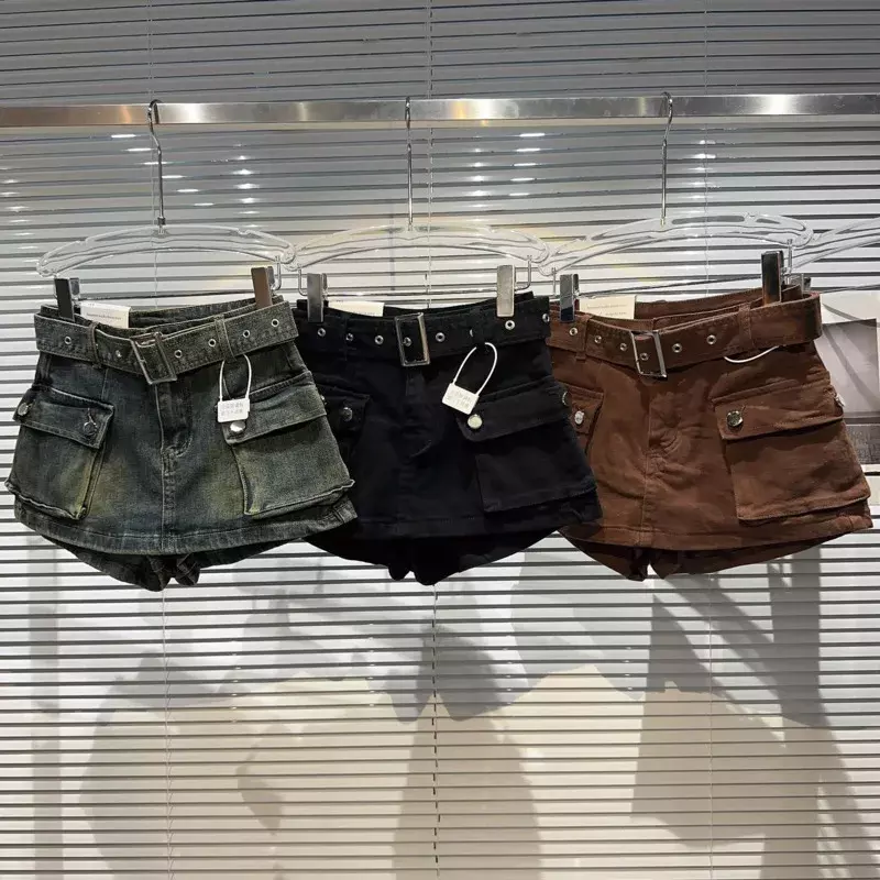 Сексуальные женские шорты Y2k в стиле Харадзюку, женские джинсовые шорты с большими карманами и ремнем, женские спортивные байкерские шорты, уличная одежда
