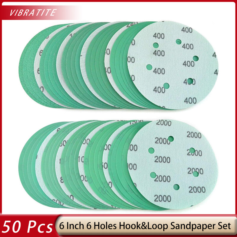 50 PCS 6 Inch 6 Hole Hook and Loop Wet Dry Sanding Discs Assortment Grit 60 120 150 240 400 600 800 1000 1500 2000(5 of each)