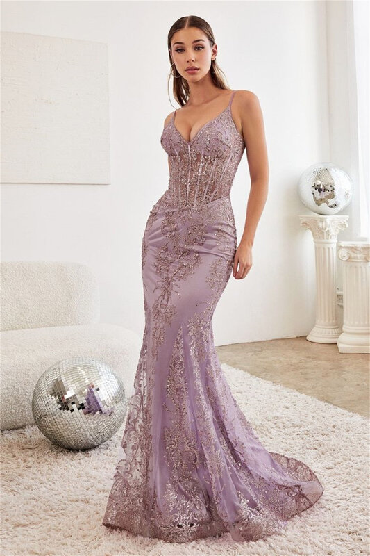 Sansa Sexy Sequins Lace  فساتين السهرة Embroidery Fishtail Vestidos De Noche Romantic Spaghetti Strap Mermaid Prom Dresses