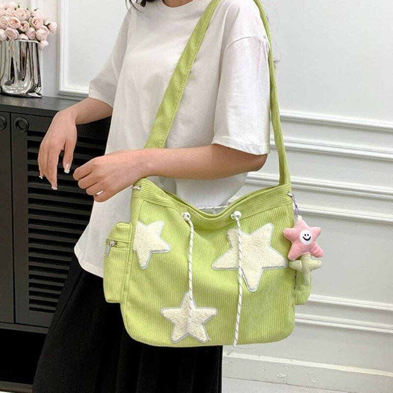 Women Star Pattern Corduroy Crossbody Bag Casual Tote Lady Simple Large Capacity Shoulder Bag Girl Travel School Bookbag Handbag