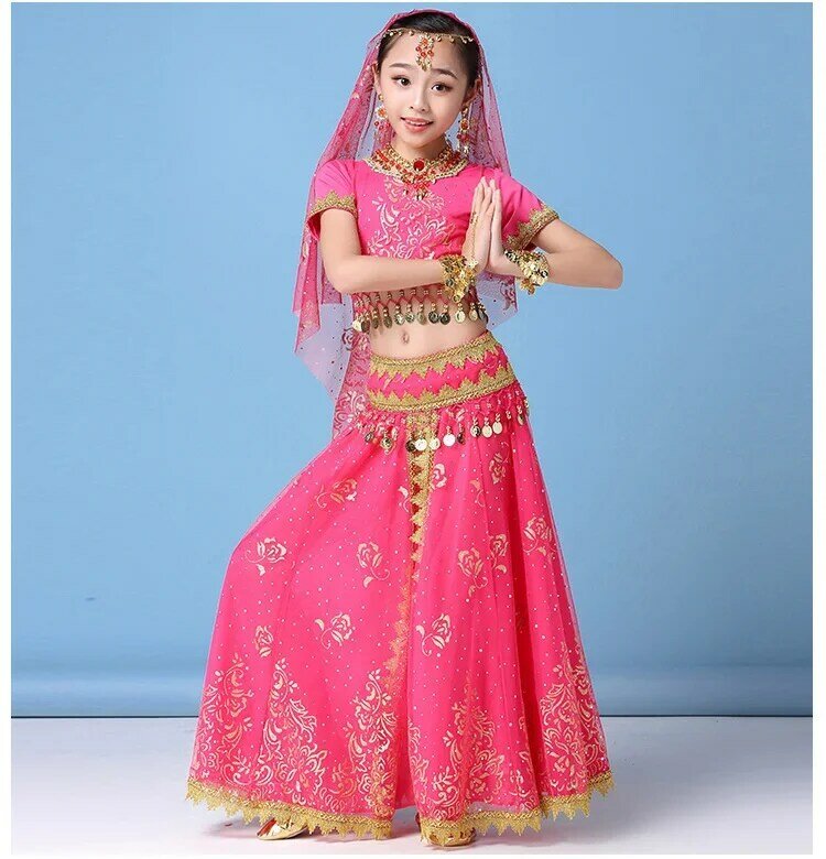 Zestaw kostiumów do tańca brzucha dla dzieci spódnica do tańca brzucha dziewcząt sukienka do tańca konkurs sceniczny indyjski taniec brzucha ubrania