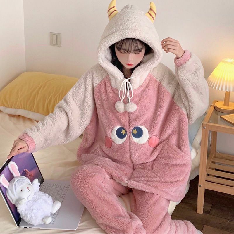 Pijama de monstruo pequeño para mujer, ropa de dormir de felpa, lana de Coral gruesa, para estar en casa, otoño e invierno, nuevo diseño, 2024