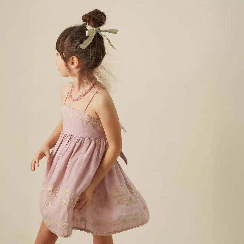Gaun anak Perempuan Musim Panas 2024 gaun sapu bordir anak perempuan Pastoral Apolina gaun putri