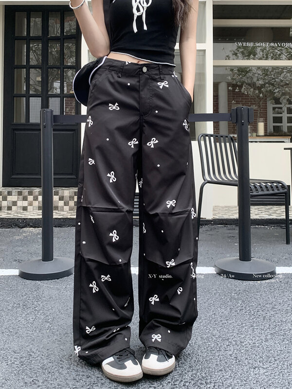 Women's Summer Sweet Bowknot Print Cargo Pants Lady Casual Streetwear High Waist Loose Full Length Pants
