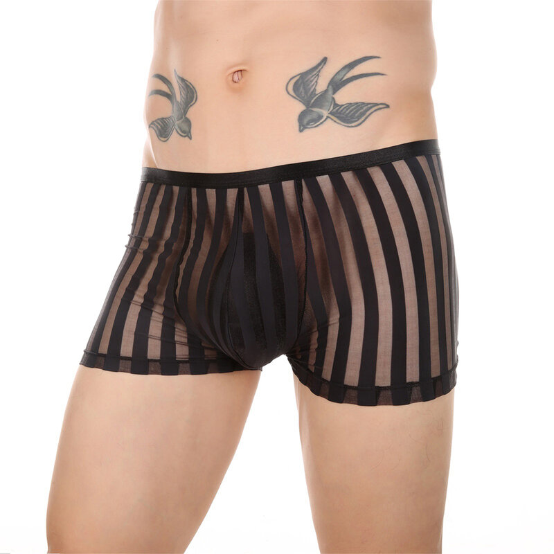 Mans Elatic Underwear See-Through Boxer Brief Striped Underpants Sheer Mesh Panties U Convex Pouch Shorts Nylon Lingerie