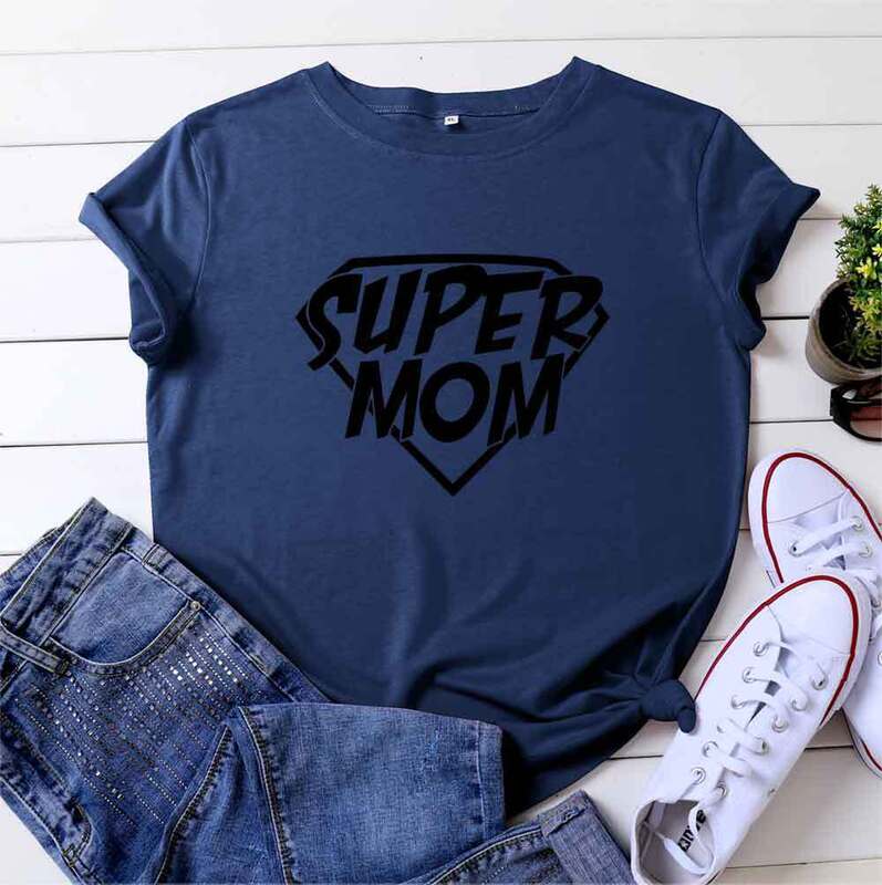 Camiseta para Super Mãe Feminina Estampada, Manga Curta, Pescoço O, Solto, Camiseta Feminina, Tops Roupas