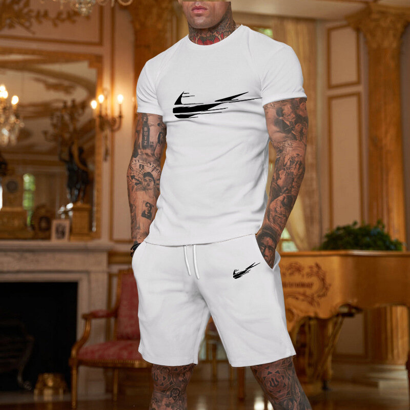 Conjunto desportivo de basquetebol masculino, t-shirt de manga curta, calções de rua, emenda 3D, casual, jogging, verão, novo, 2 peças