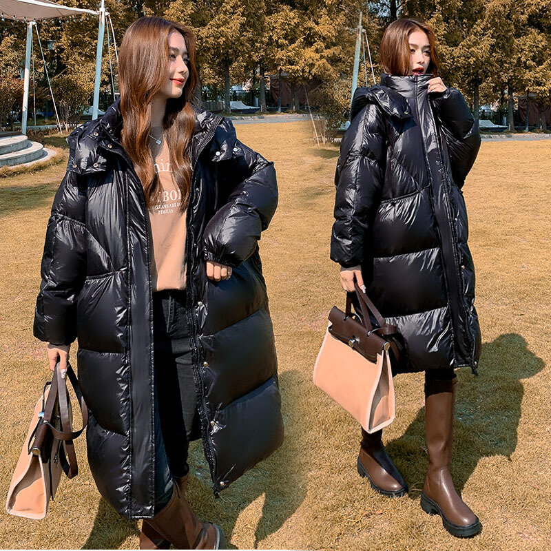 女性用ロングコートジャケット,秋冬服,ラージサイズ,白いダックキルトモデル,明るい黒,暖かい,厚いフード付きコート,90%
