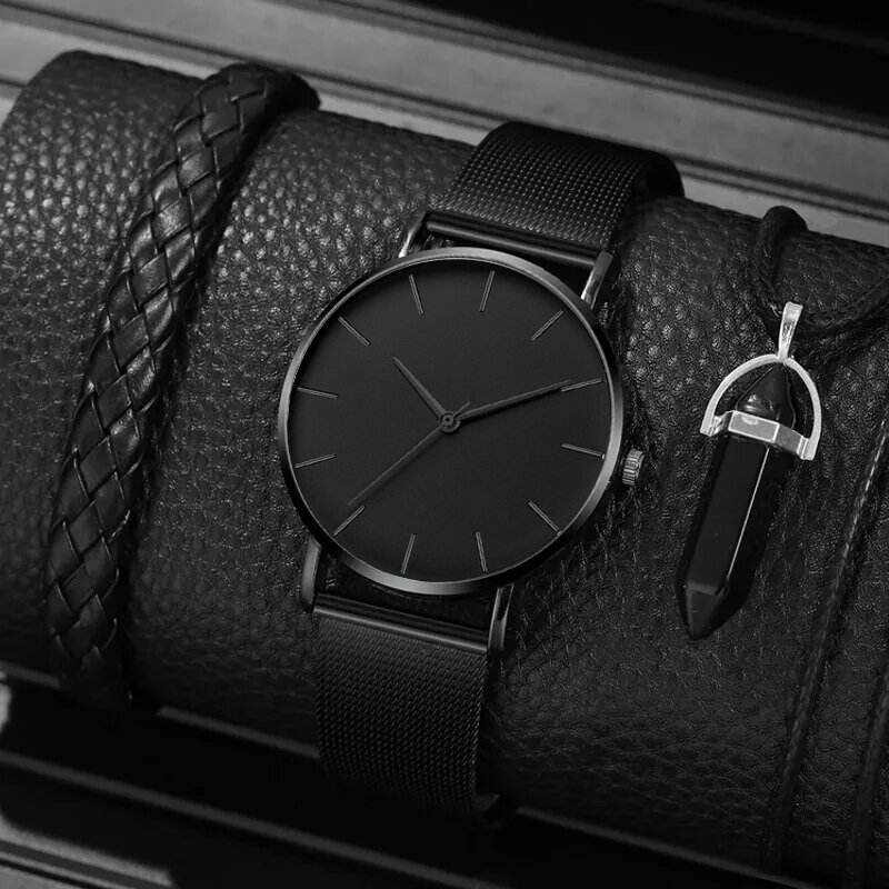Ensemble de montres à quartz ultra fines en acier inoxydable pour hommes, collier de ULà main décontracté, ceinture en maille, mode d'affaires simple, 3 pièces