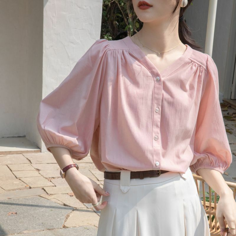 Szyfonowe bluzki damskie z dekoltem w szpic Letnie nowe minimalistyczne koszule do pracy w jednolitym kolorze z jednym rękawem i marszczonymi rękawami