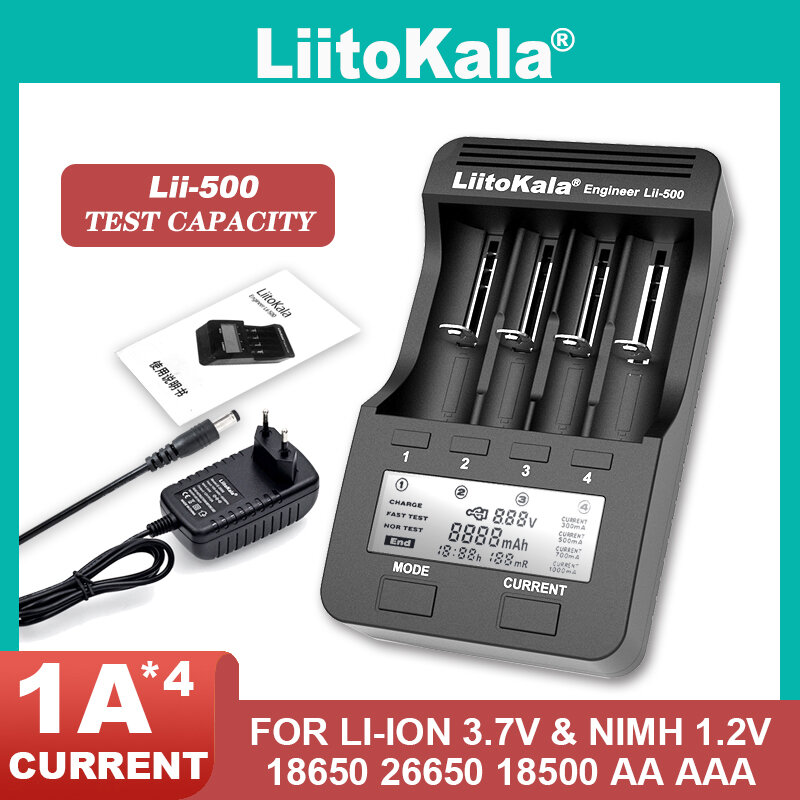 Liitokala-Lii-500 Carregador de Bateria LCD, Carregamento 18650, 3.7V, 18350, 18500, 16340, 25500, 14500, 26650, 1.2V, AA, AAA, NiMH
