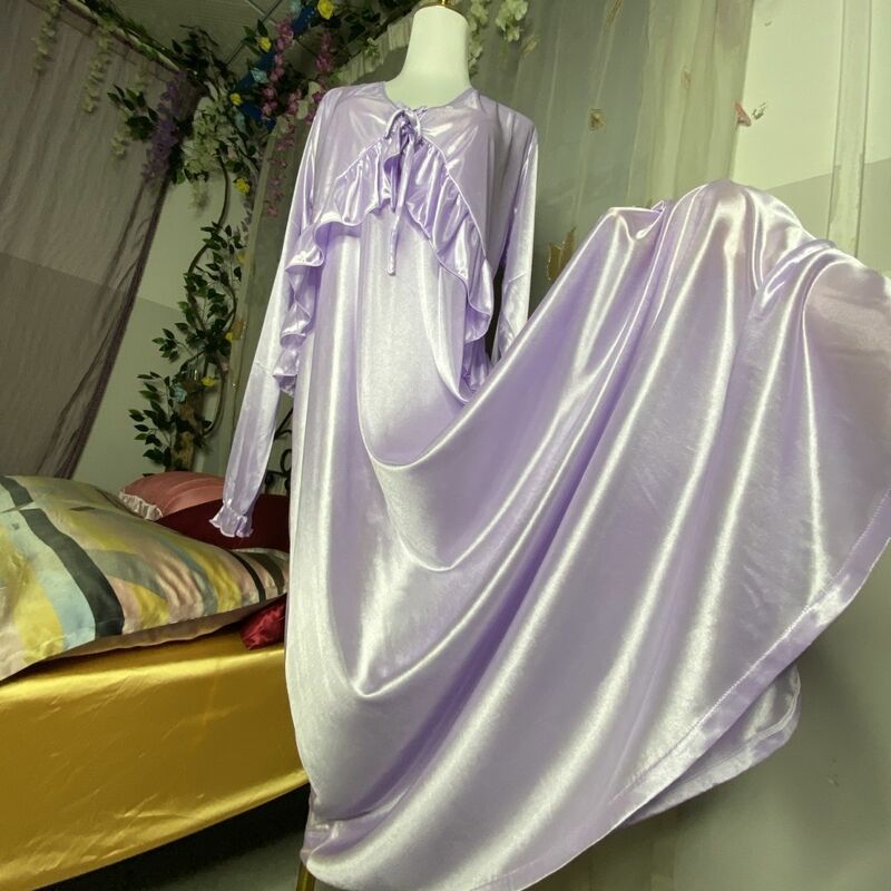 Glossy Ice Silk Sexy Women Ruffles Satin Long Sleeve Loose Maxi Dress Sleeping Robe