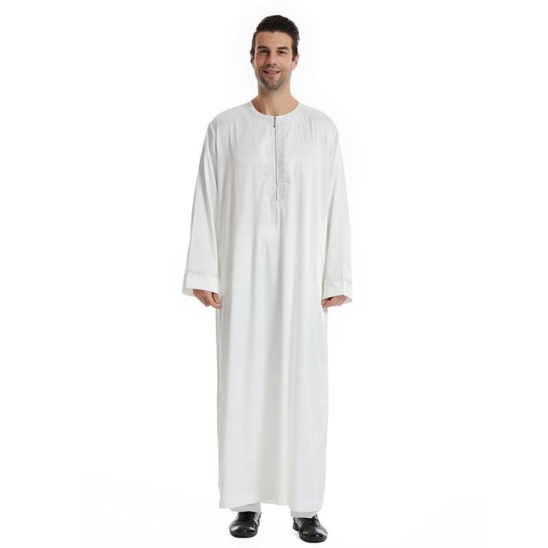 Biała muzułmańska suknia męska z długim rękawem zamek błyskawiczny z przodu Maxi Jubba Thobe Ramadan Eid islamska odzież modlitwa Abayas sukienka Abaya kostiumy