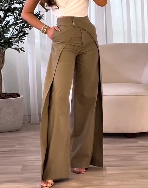 Calça de perna larga assimétrica feminina, cintura alta, sobreposição, calça casual feminina, fundo elegante, nova moda, 2023