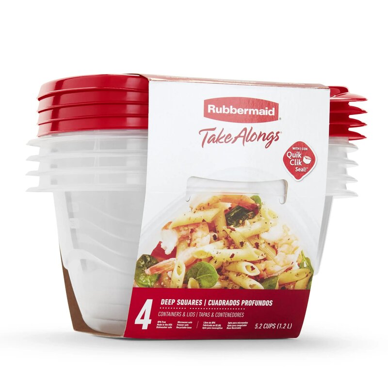 Rubbermaid takawalgs contenitori per alimenti quadrati profondi da 5.2 tazze, Set di 4, rosso