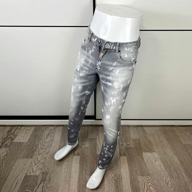 Street Fashion Men Jeans High Quality Retro Gray Elastic Slim Fit Ripped Jeans Men Painted Designer Hip Hop Brand Pants Hombre
