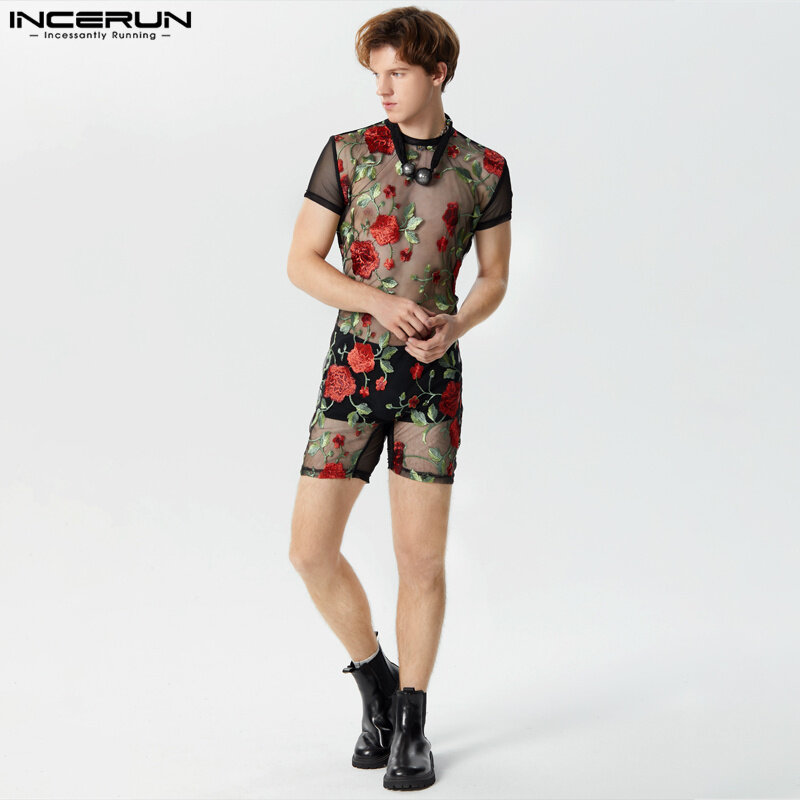 American Style Sexy New Men Homewear Jumpsuits Perspective Thin O-Neck Flower Printing Short Sleeve Bodysuits S-3XL INCERUN 2024