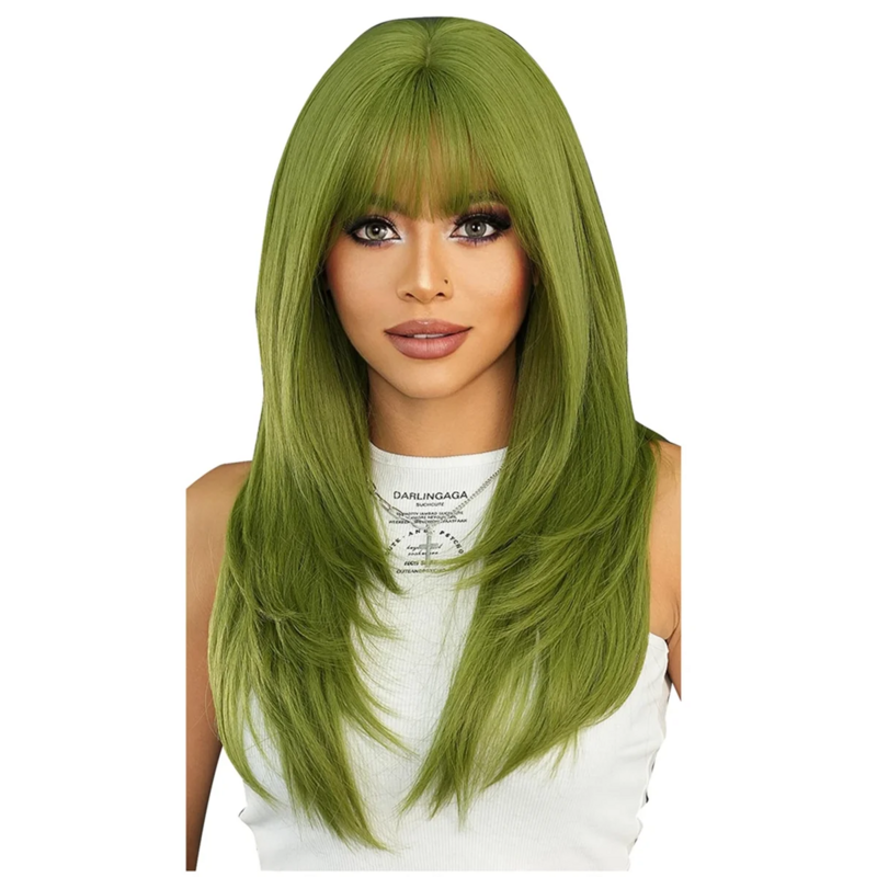 Peluca sintética larga y recta con flequillo para mujer, peluca de cosplay de fiesta, en capas, media, larga, anticorazón, verde, 24 pulgadas