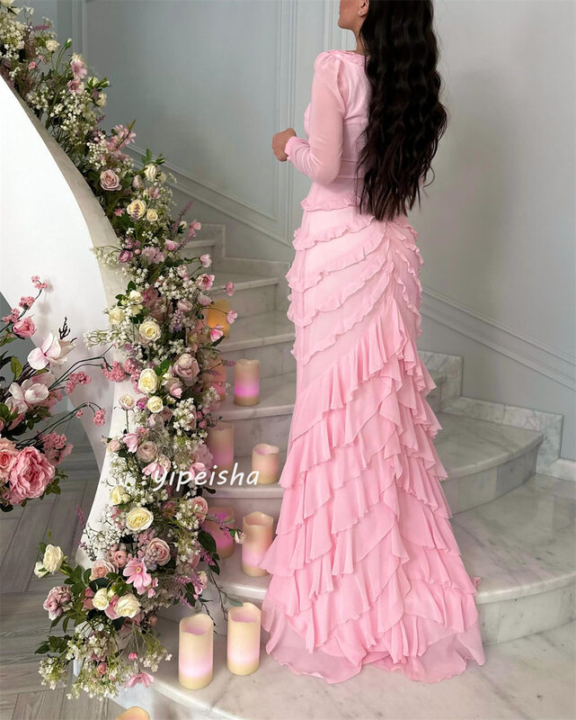 Gaun malam sifon terbungkus lipit pesta Ruched A-line kerah O acara Bespoke gaun panjang Arab Saudi