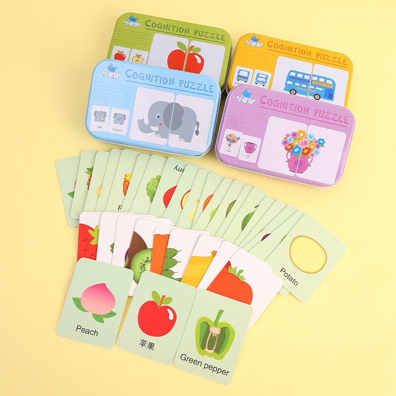 Juguete educativo para niños, tarjeta cognitiva a juego con gráficos de frutas y animales, rompecabezas de doble cara, regalo